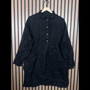 Alma Shirt Dress Medium Womens Black Henley 100% Linen Tunic